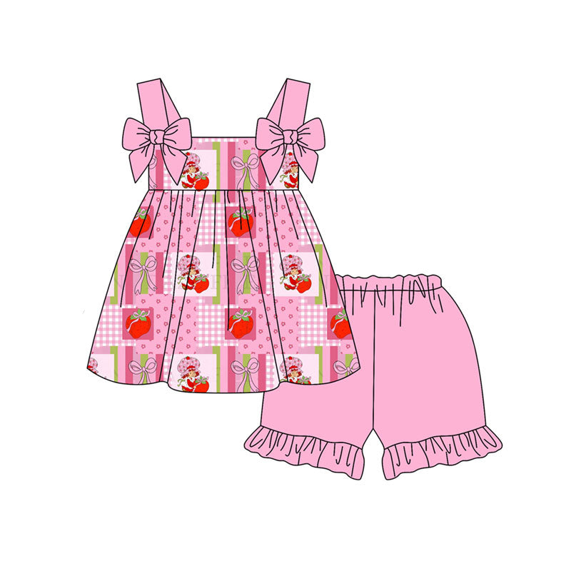 Preorder (moq 5)Baby Strawberry Girls Bows Checked Strap Tunic Ruffle Shorts Clothes Sets