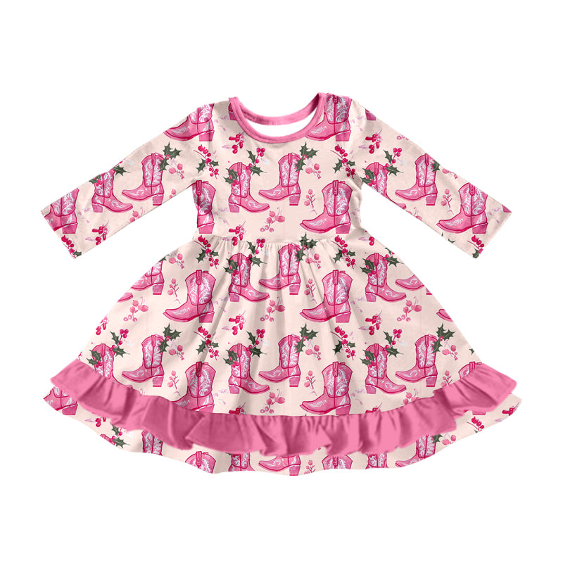Preorder moq 5 Baby Girls Pink Long Sleeves Floral Boots Ruffle Knee Length Dresses