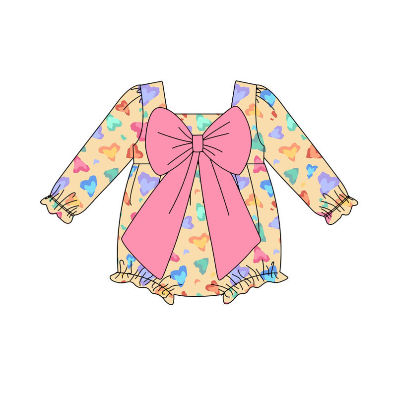 Preorder (moq 5)Baby Girls Colorful Hearts Leopard Bows Valentine Ruffle Rompers