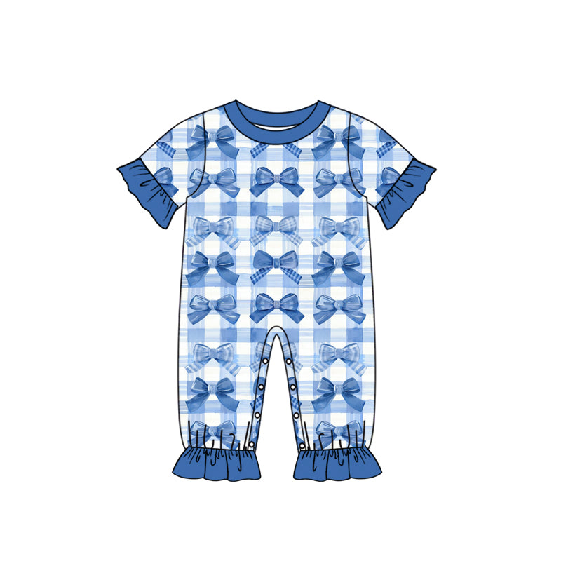 Preorder (moq 5) Baby Girl Clothes Blue Gingham Bow Mixed Print Short Sleeve Ruffle Romper