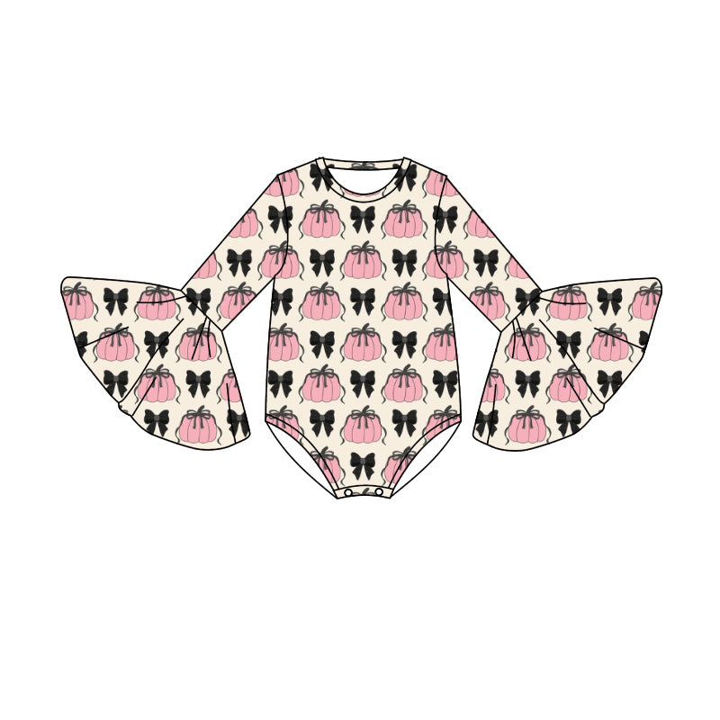 Preorder (moq 5)Baby Girls Bell Sleeve Bows Pumpkins Plaid Fall Ruffle Rompers