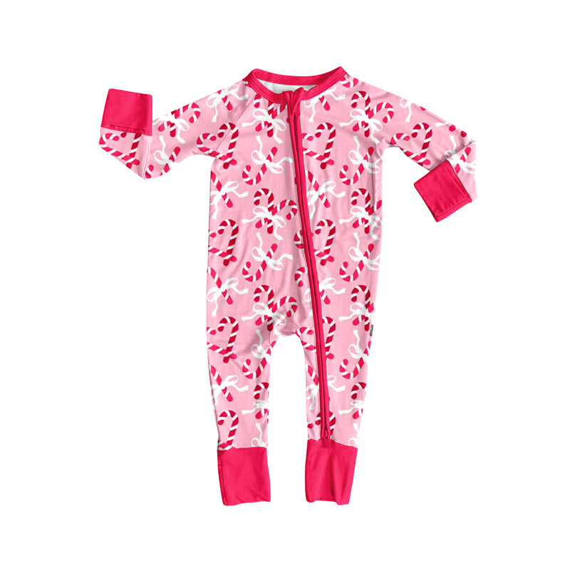 Preorder (moq 5)Baby Girls Long Sleeves Pink Bows Candy Cane Plaid Zipper Romper