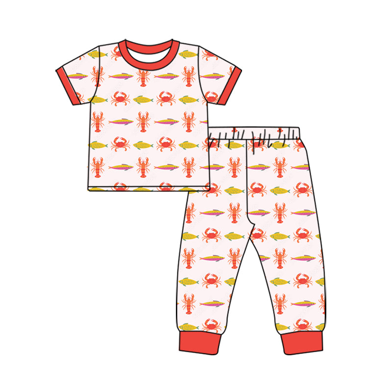 Preorder (moq 5) Baby Boy Clothes Crawfish Fish Seafood Mixed Print Short Sleeve Top Jogger Pant Set