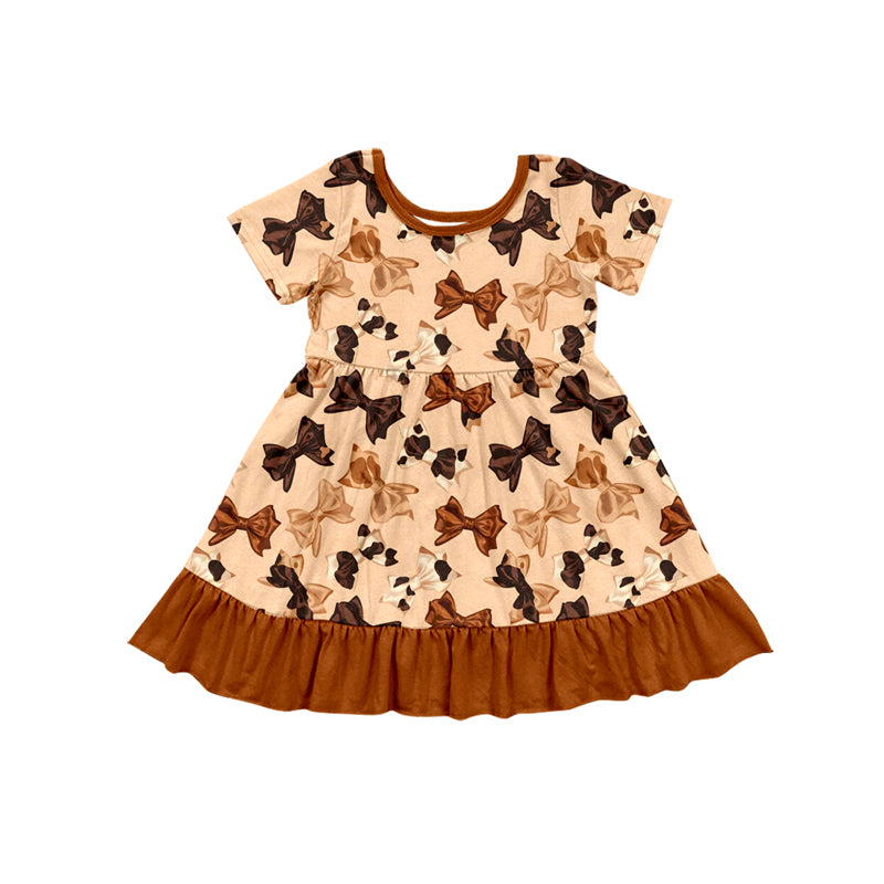 Preorder (moq 5)Baby Girls Cow Print Bows Plaid Western Ruffle Knee Length Dresses