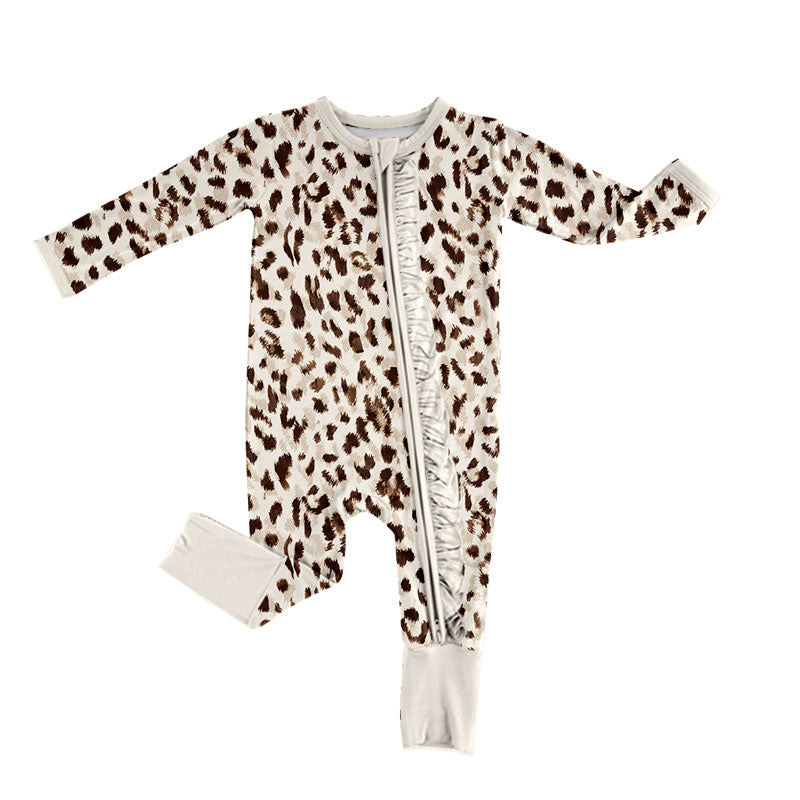 Preorder (moq 5) Baby Girl Clothes Soft Leopard Allover Print Long Sleeve Zip Ruffle Romper