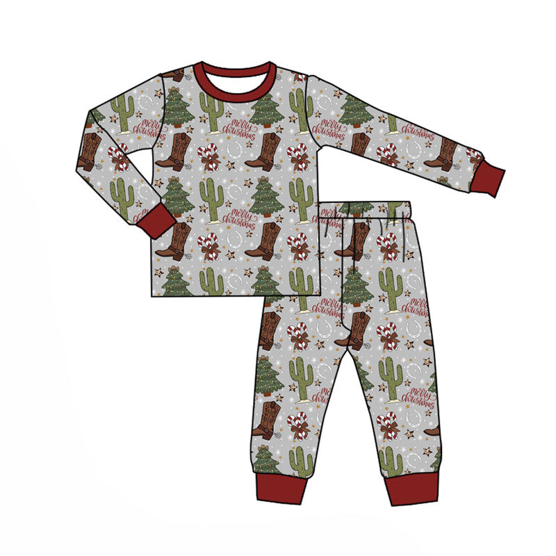 Preorder (moq 5)Baby Boys Boots Cactus Candy Cane Top Pants Merry Christmas Pajamas Sets
