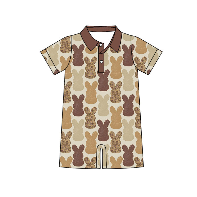 Preorder (moq 5)Baby Boys Khaki Camo Rabbits Plaid Button Easter Shorts Rompers