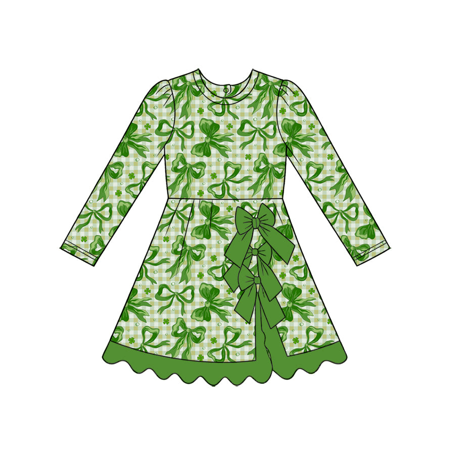 Preorder (moq 5) Girls’ Green Long-Sleeve Round-Neck Bow Ruffle Dress