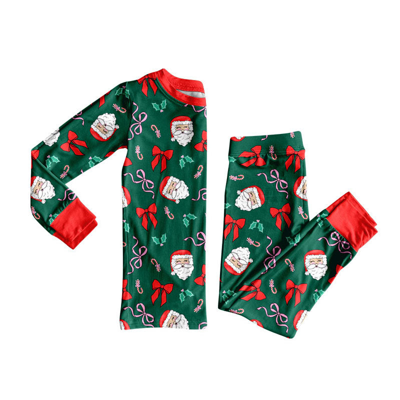 Preorder (moq 5)Baby Girls Dark Green Santa Bows Holly Top Pants Christmas Pajamas Sets