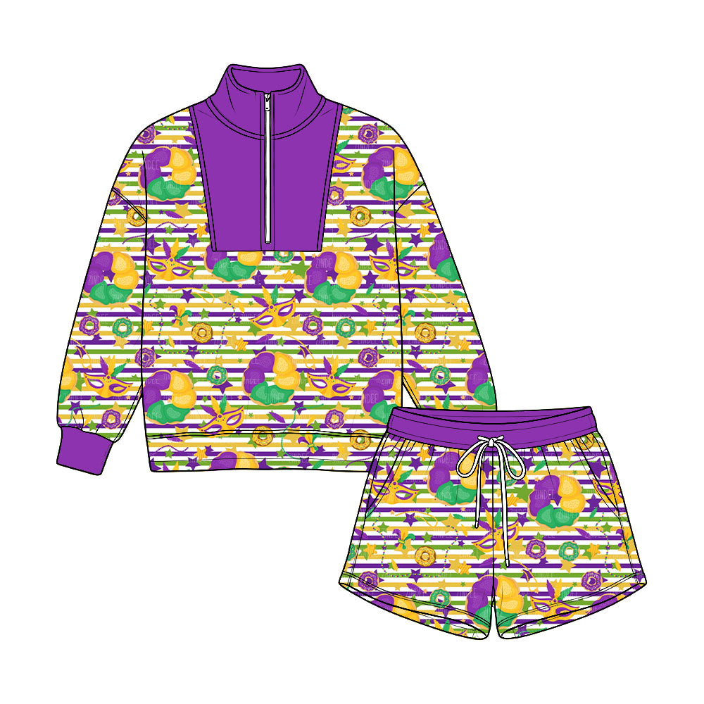 Pre-order(moq5) Kids’ Carnival Half-Zip Top & Shorts 2-Piece Set, Purple Mask Stripe Print Festival Outfit