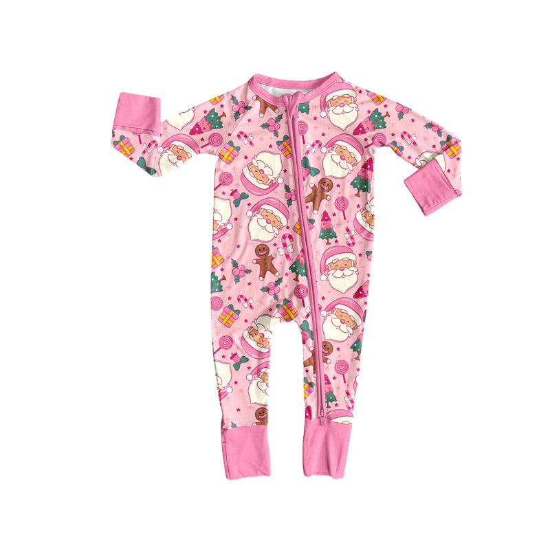 Preorder (moq 5)Baby Girls Pink Long Sleeves Trees Santa Zipper Rompers