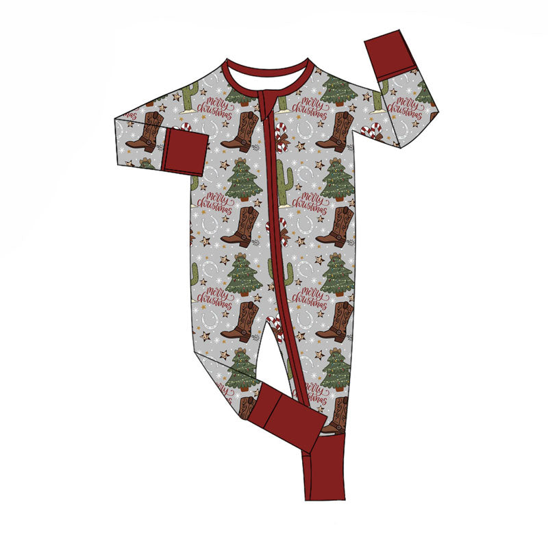 Preorder (moq 5)Baby Boys Boots Cactus Candy Cane Merry Christmas Zipper Footie Rompers