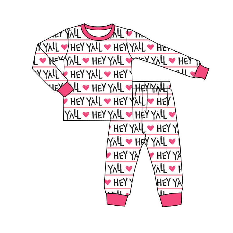 Preorder(moq 5) Baby Girls Hearts Hey Y'all Stripe Top Pants Valentine Pajamas Sets
