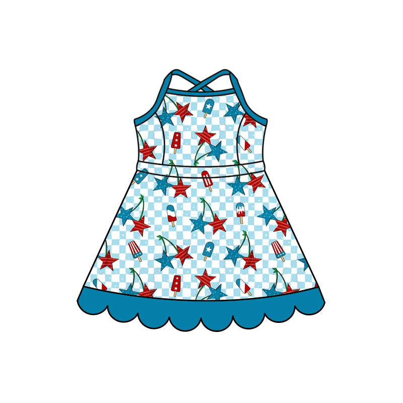 Preorder (moq 5)Baby Girls Strap Stars Popsicle 4th of July Scallop Knee Length Dresses