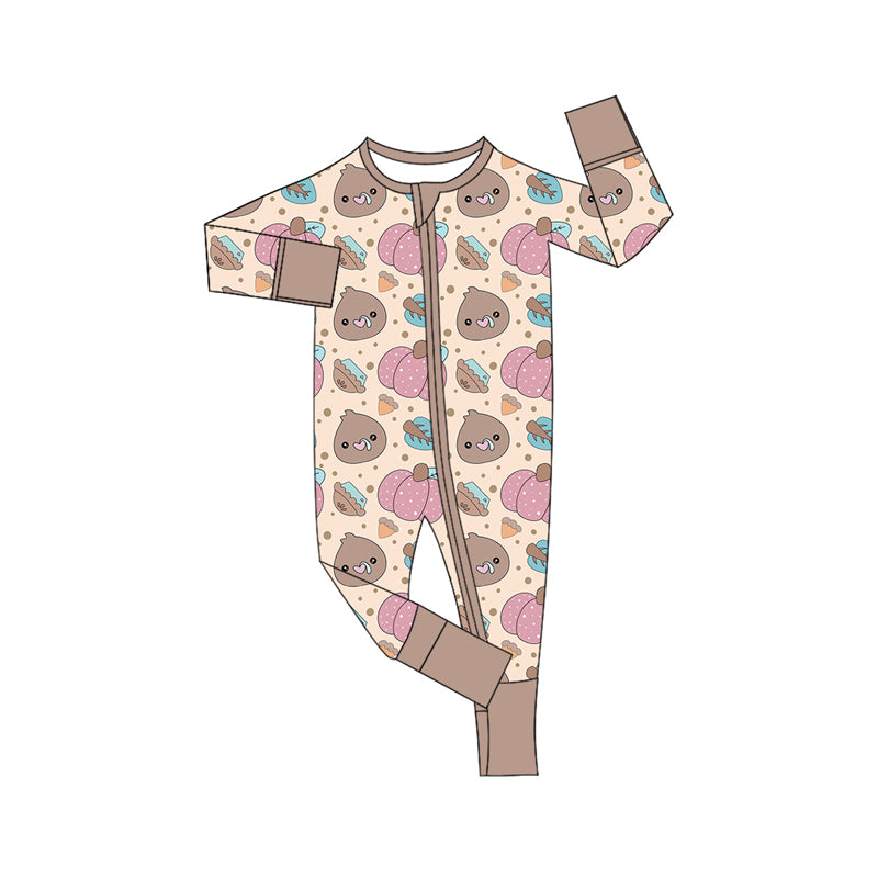 Preorder moq 5 Baby Infant Boys Long Sleeves Turkey Pumpkins Plaid Zipper Romper