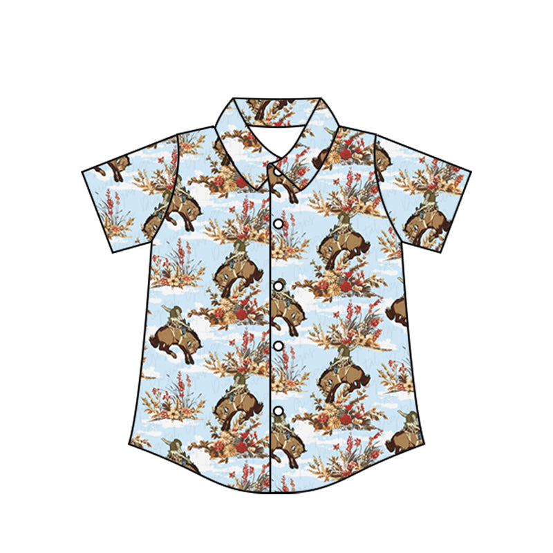 Preorder moq 10 Baby Boys Short Sleeves Western Horse Rodeos Button Shirts Top