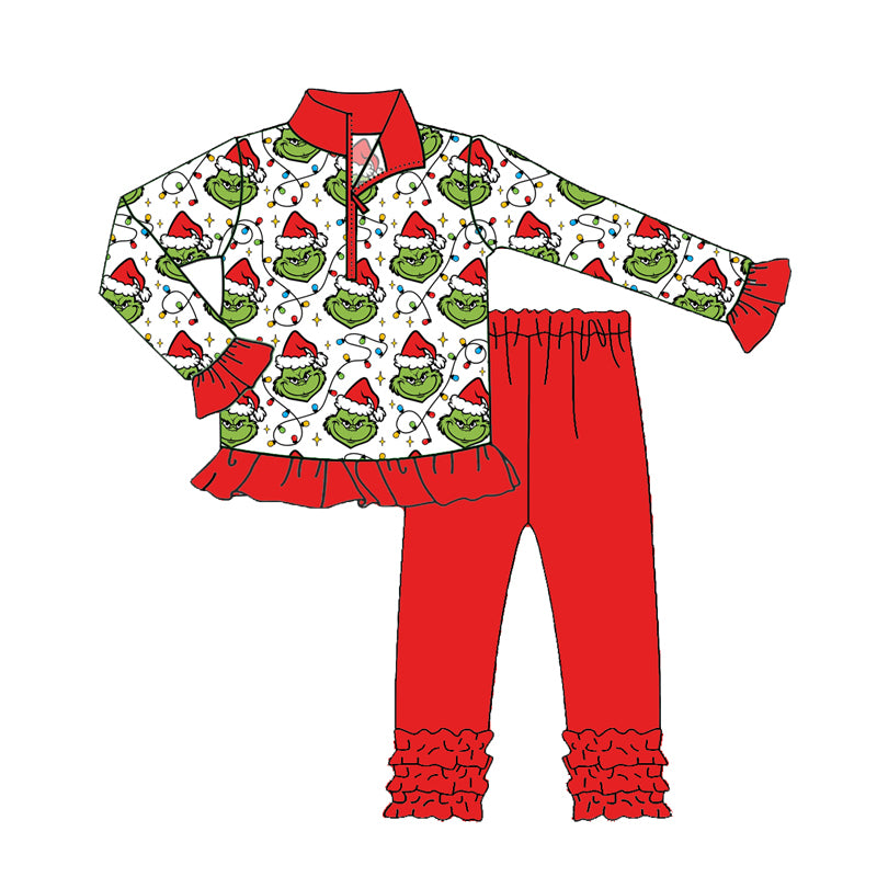 Preorder(moq 5) Baby Girls Grin Frog Christmas Zip Pullover Top Legging Boutique Outfits Sets