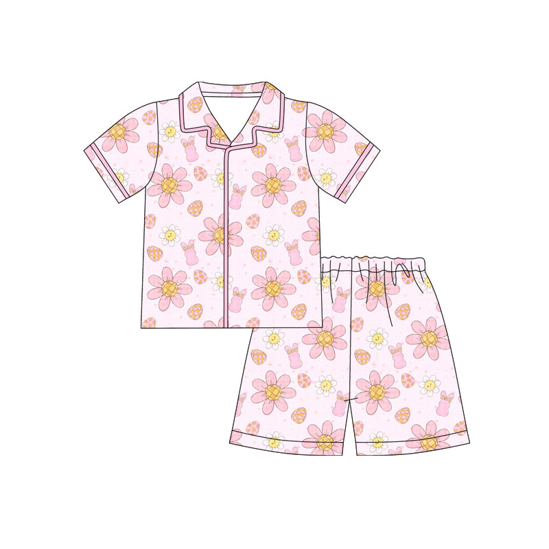 Preorder (moq 5)Baby Girls Egg Flowers Rabbits Button Top Shorts Easter Pajamas Sets
