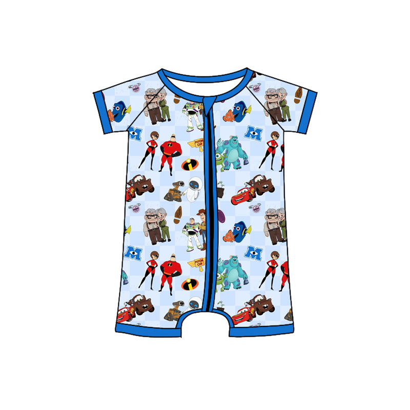 Preorder(moq 5)Baby Infant Boys Blue Short Sleeves Plaid Cartoon Dolls Zipper Rompers