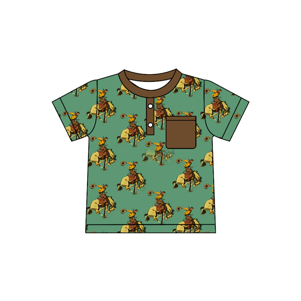 Preorder(moq 5) Baby Boys Green Horse Rodeos Button Pocket Western Polo Shirts Top
