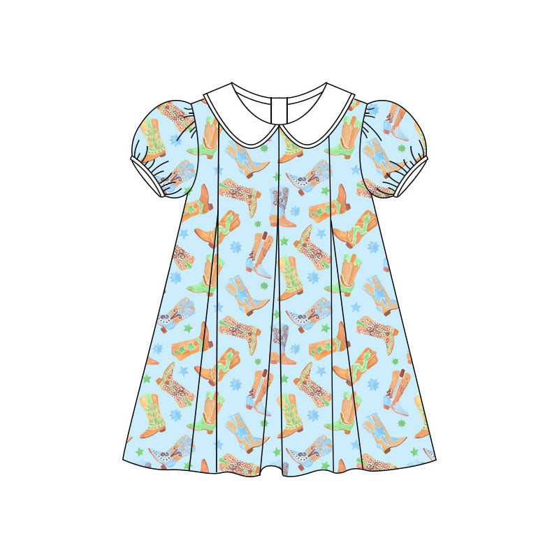 Preorder (moq 5)Baby Girls Floral Boots Stars Western Collar Knee Length Dresses