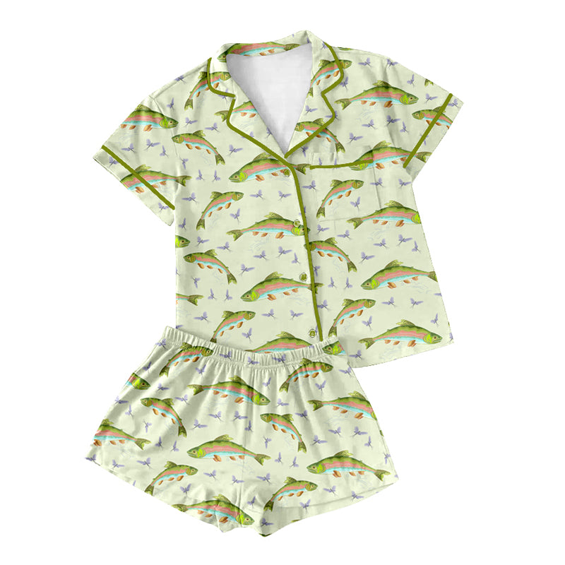 Preorder(moq 5)Adult Women Aqua Fishes Buttons Pocket Tee Shirts Shorts Pajamas Sets