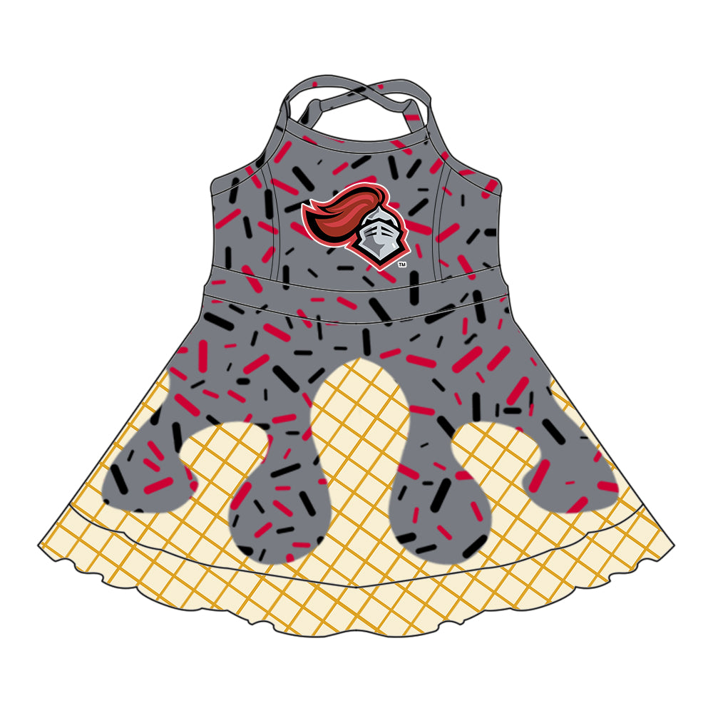 Preorder (moq 5)Baby Girls Gray Strap Spartan Drip Shorts Ruffle Team Knee Length Dress