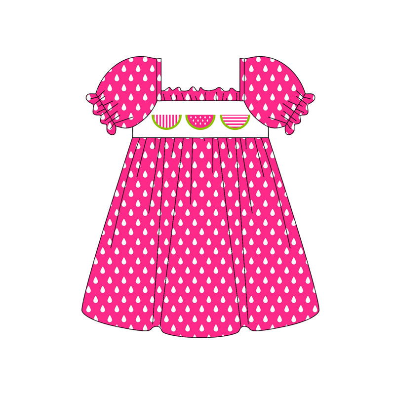 Preorder (moq 5)Baby Girls Pink Polka Dots Watermelon Print Knee Length Dresses