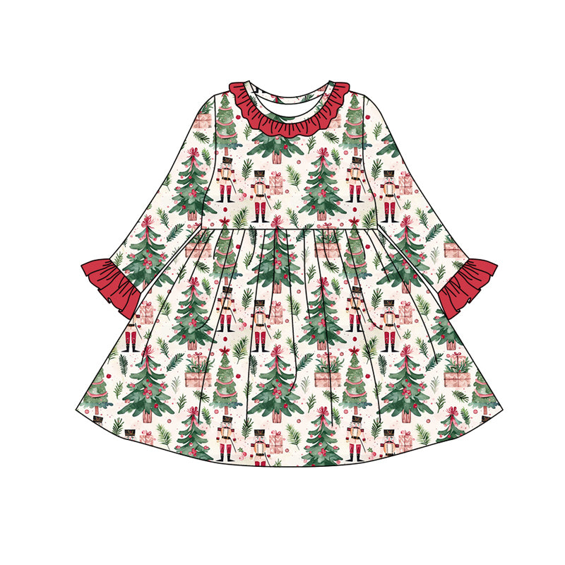 Preorder (moq 5)Baby Girls Christmas Trees Soldiers Plaid Ruffle Knee Length Dresses