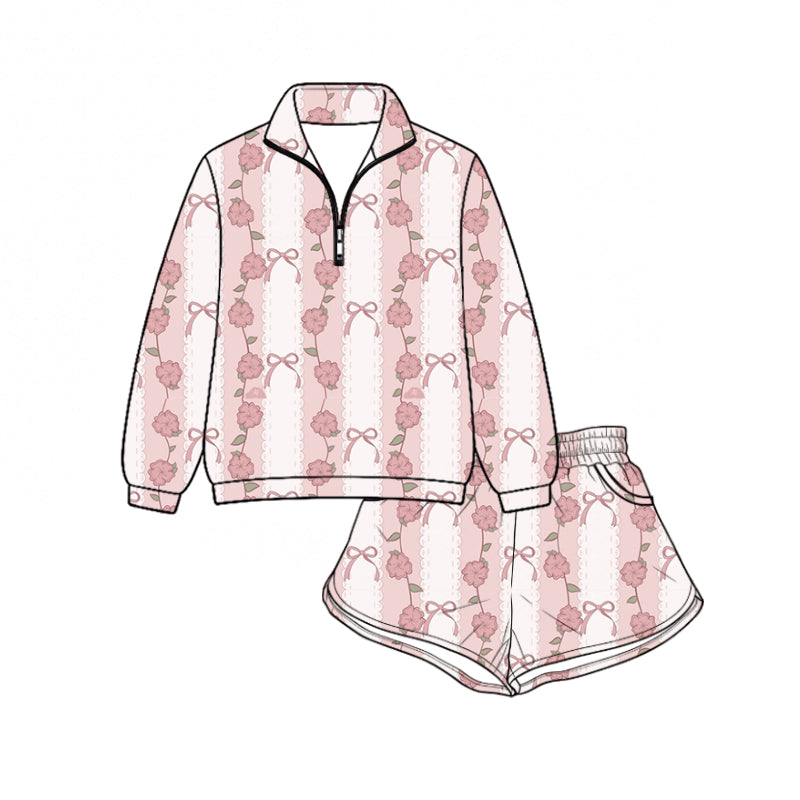 Preorder (moq 5)Baby Girls Pink Bows Flowers Zip Pullovers Pockets Short Clothes Set