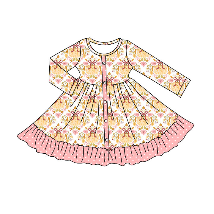 Preorder (moq 5)Baby Girls Flowers Pumpkins Fall Button Ruffle Knee Length Dresses