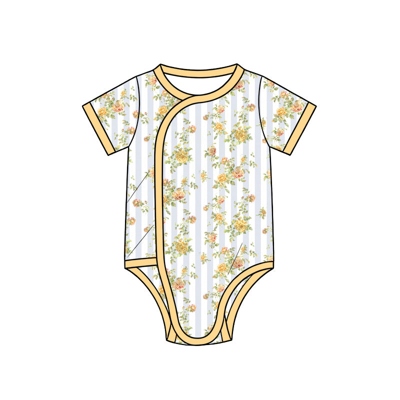 Preorder (moq 5) Baby Girl Clothes Blue Stripe Yellow Rose Mixed Print Short Sleeve Side Snap Baby Bodysuit
