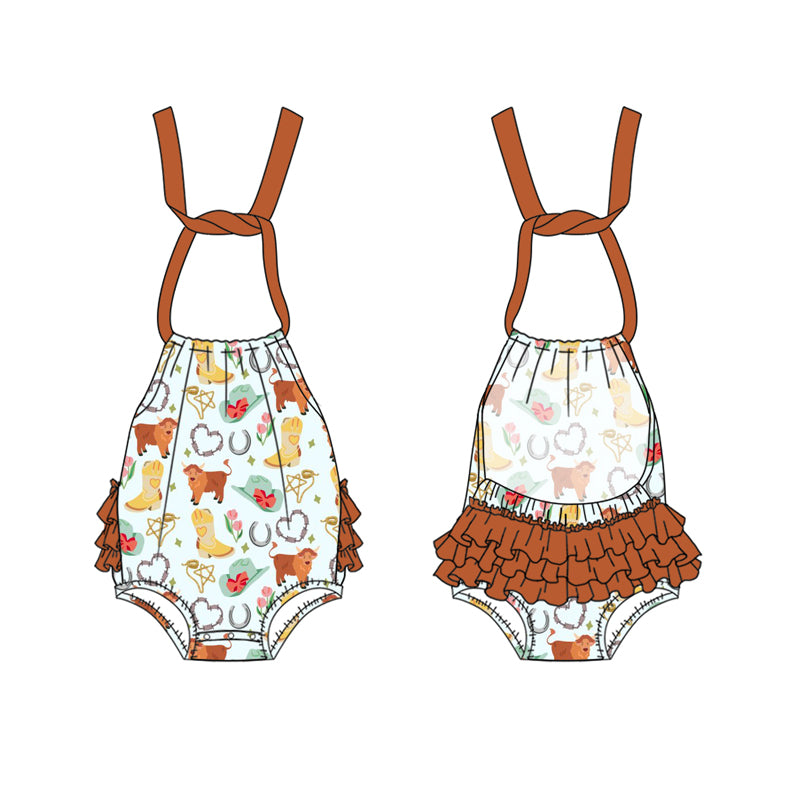 Preorder(moq 5)Baby Infant Girls Brown Strap Highland Cows Hats Bubble Ruffle Rompers