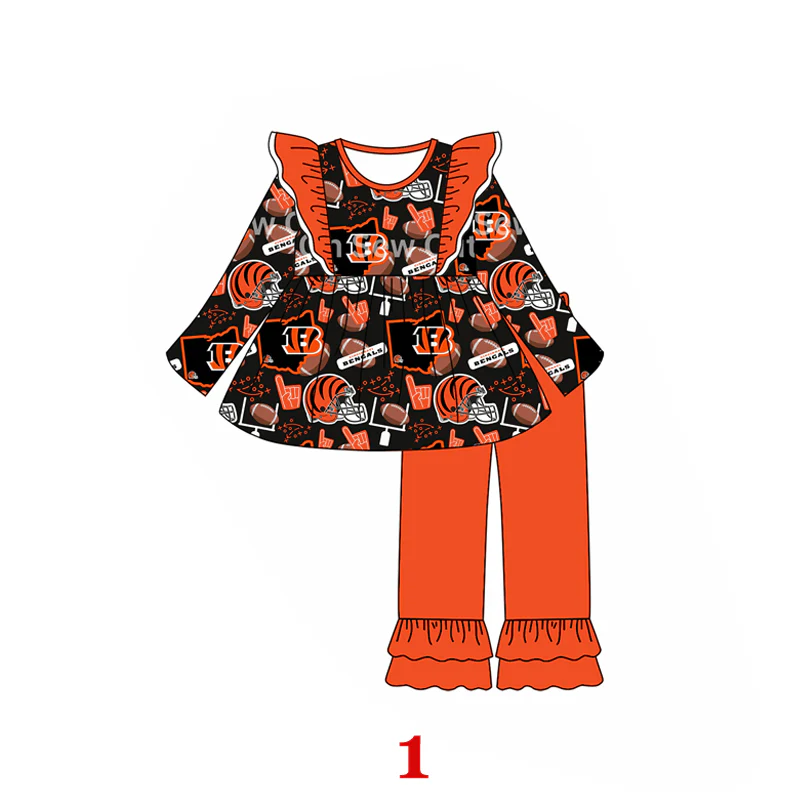 Baby Kids Girls Football Orange Ben tiger Team Tunic Pants Clothes Sets preorder(MOQ 5)