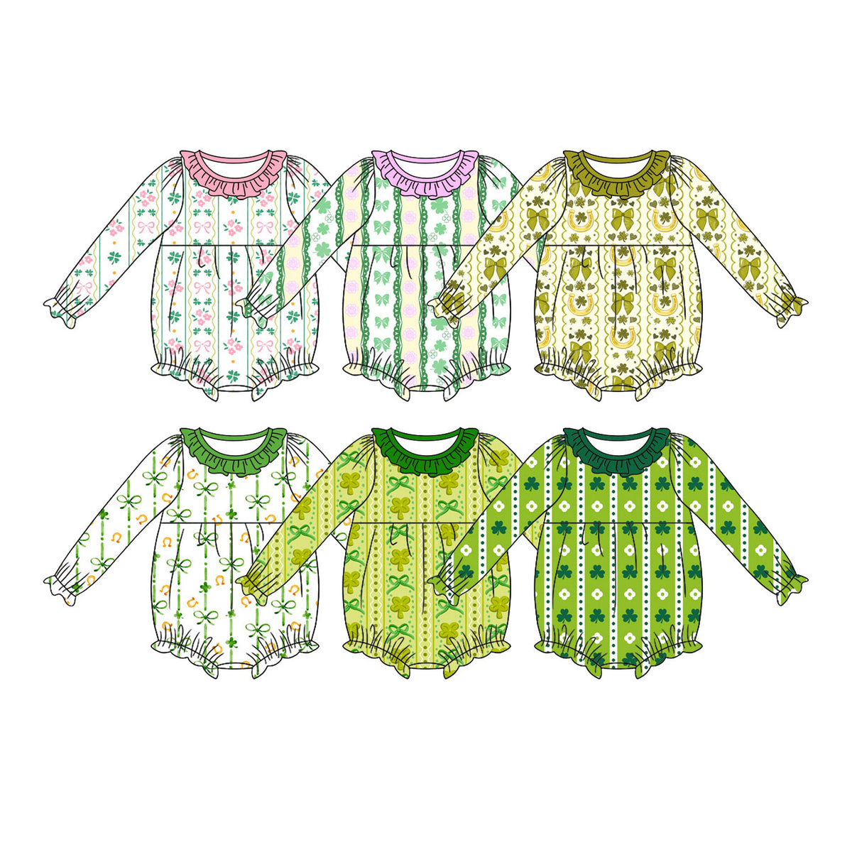Preorder (moq 5) Baby Girl Clothes St Patrick's Day Horseshoe Clover Bow Striped Print Long Sleeve Ruffle Bubble Romper