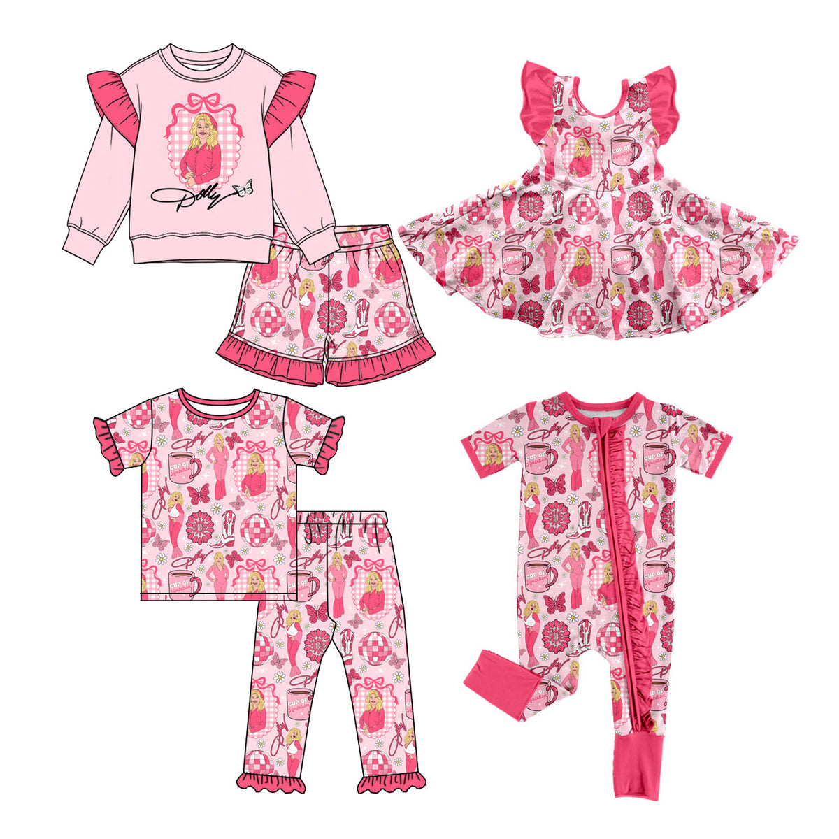 Preorder (moq 5) Baby Girl Clothes Pink Cowgirl Butterfly Disco Ball Mixed Print Short Sleeve Ruffle Zipper Baby Romper