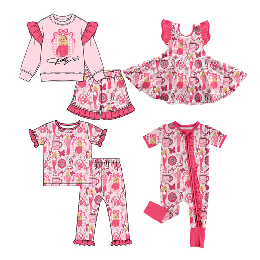 Preorder (moq 5) Baby Girl Clothes Pink Cowgirl Butterfly Disco Ball Mixed Print Short Sleeve Ruffle Zipper Baby Romper