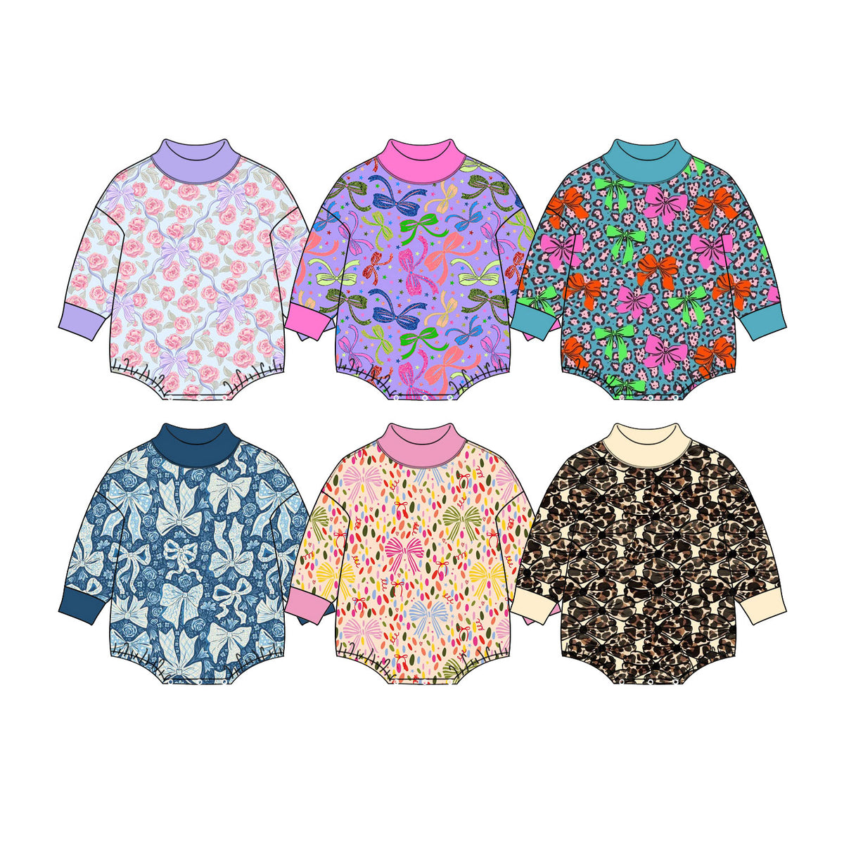 Preorder (moq 5) Baby Girl Clothes Blue Bow Floral Print Long Sleeve Mock Neck Baby Bodysuit