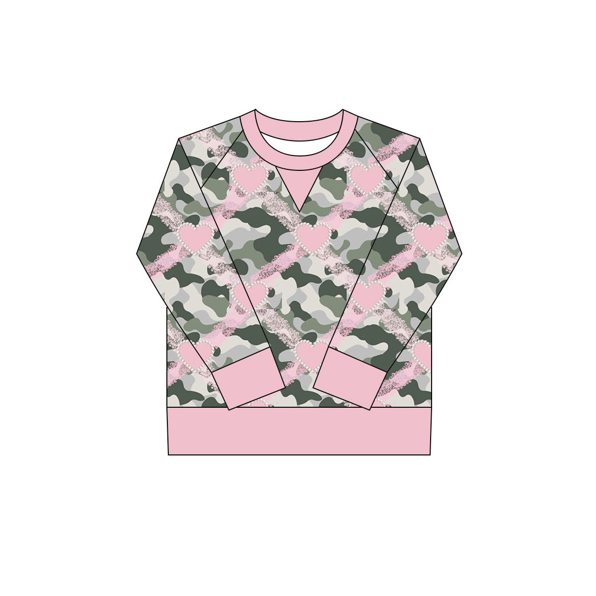 Preorder(moq 8)Baby Girls Olive Camo Hearts Checked Long Sleeve Tee Shirts Top