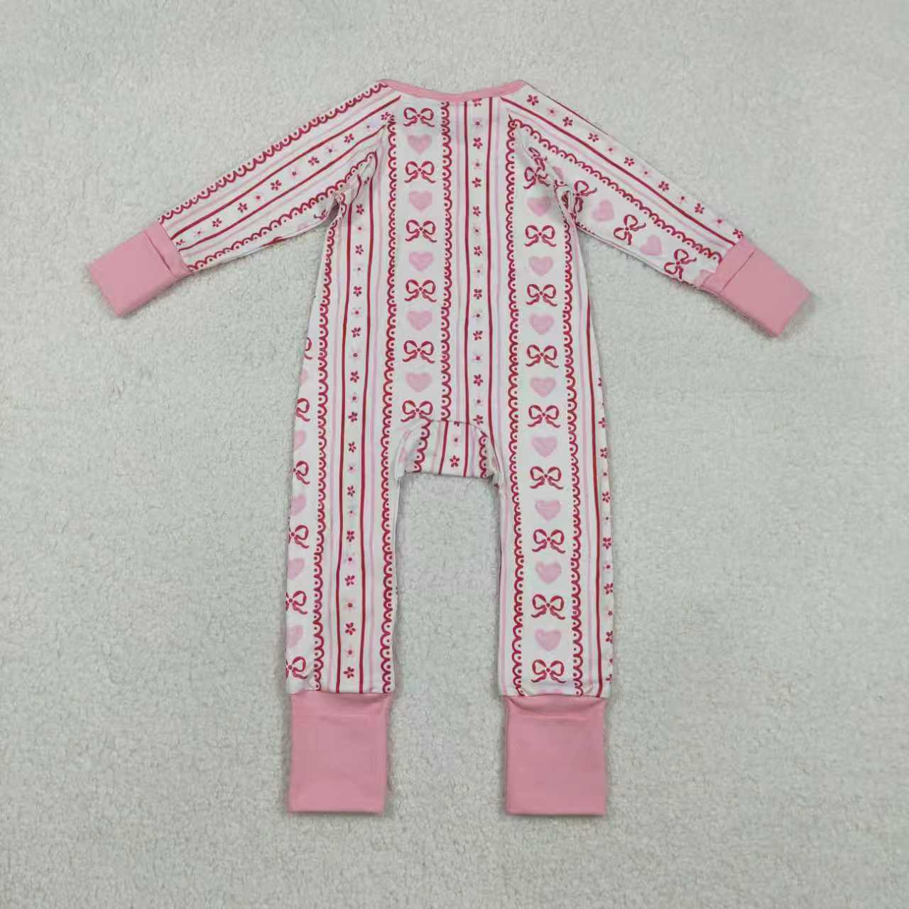 Sibling Baby Girls Pink Hearts Bows Stripes Valentines Pajamas Sets Ruffle Zipper Rompers