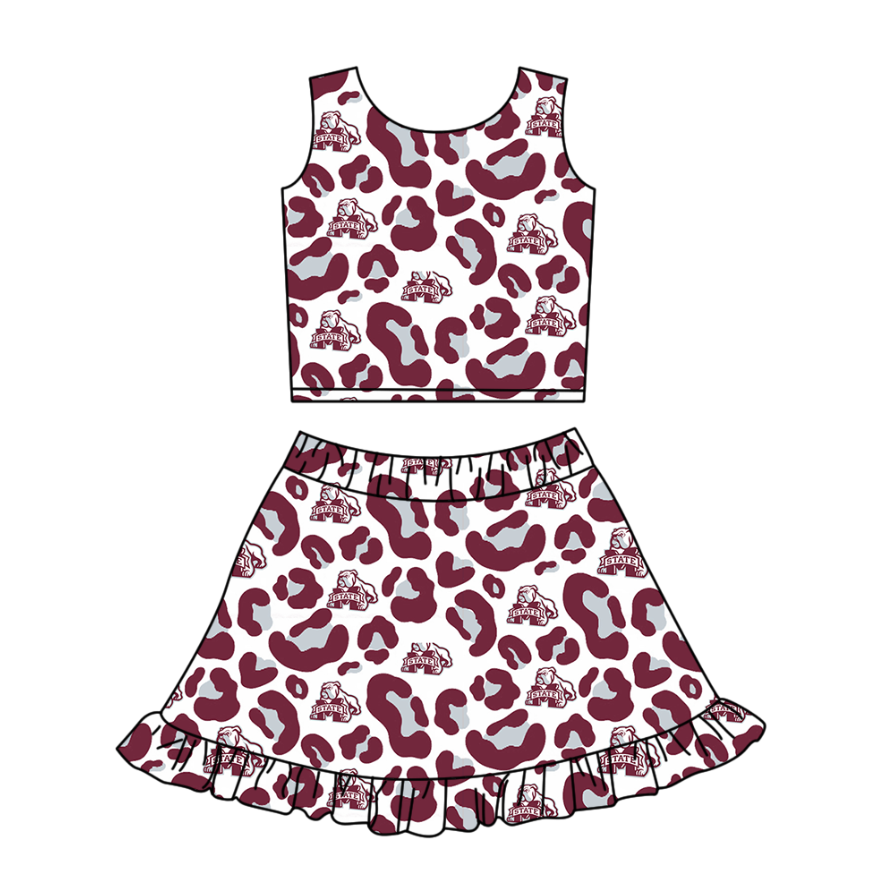 Preorder (moq 5)Baby Girls Red Leopard M State Vests Ruffle Skirt Shorts Team Clothes Set