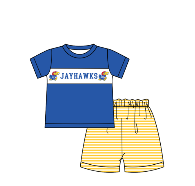 Preorder (moq 5)Baby Boys Short Sleeve Jayhawks Top Stripe Shorts Team Clothes Sets