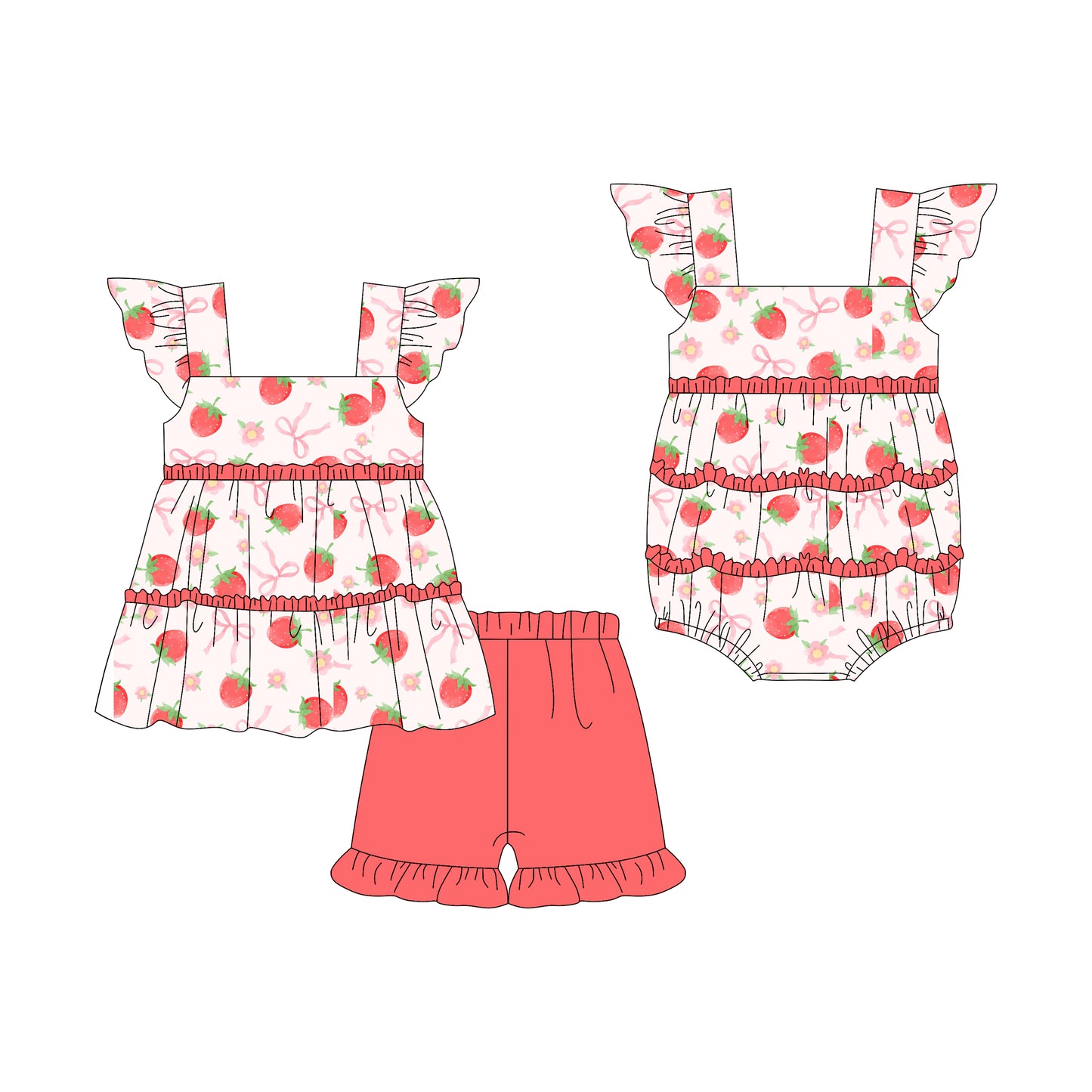 Preorder moq 5 Custom Baby Girls Flutter Sleeves Bows Strawberry Tunic Peach Ruffle Short Set Rompers