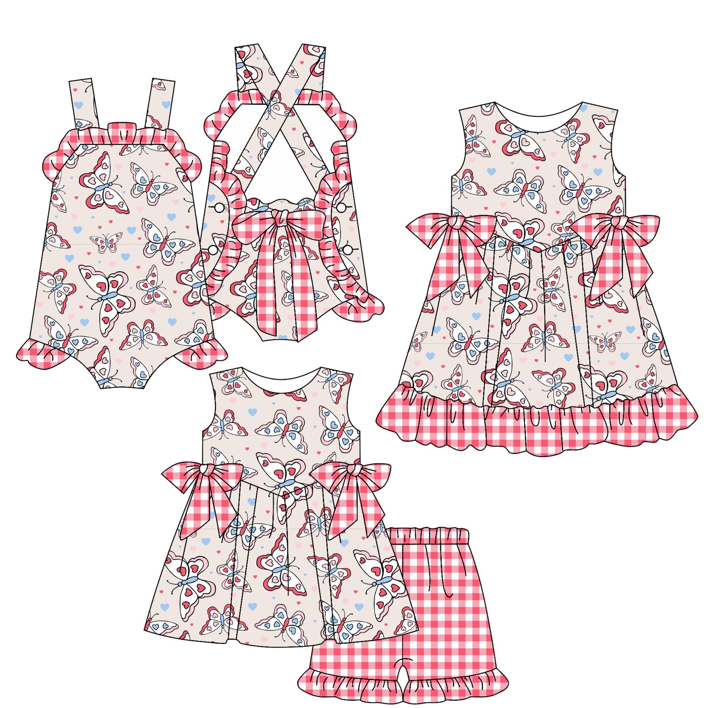 Preorder moq 5 Custom Baby Girls Red Plaid Strap Butterfly Bows Tunic Ruffle Short Set Knee Length Dress Rompers