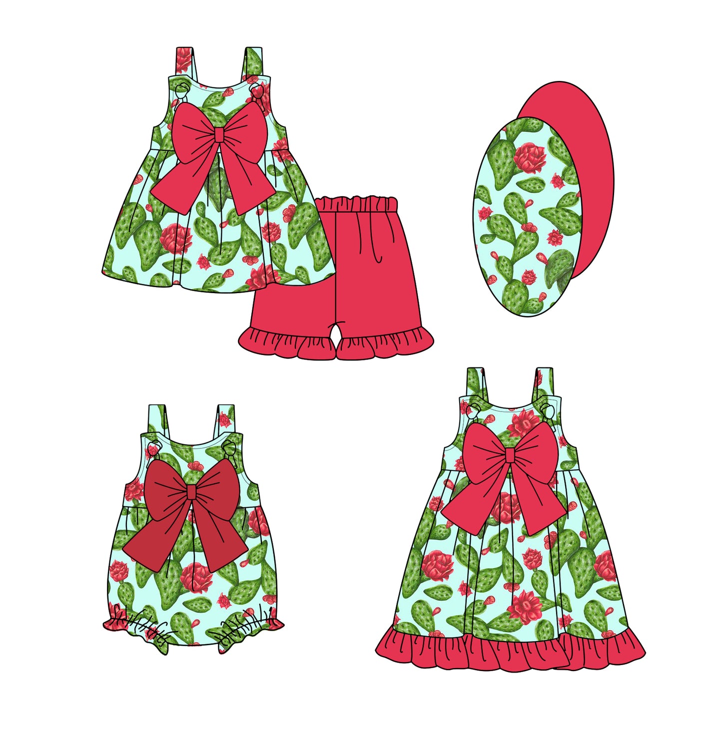 Preorder moq 5 Custom Baby Girls Strap Cactus Red Bow Tunic Ruffle Short Set Dress And Rompers