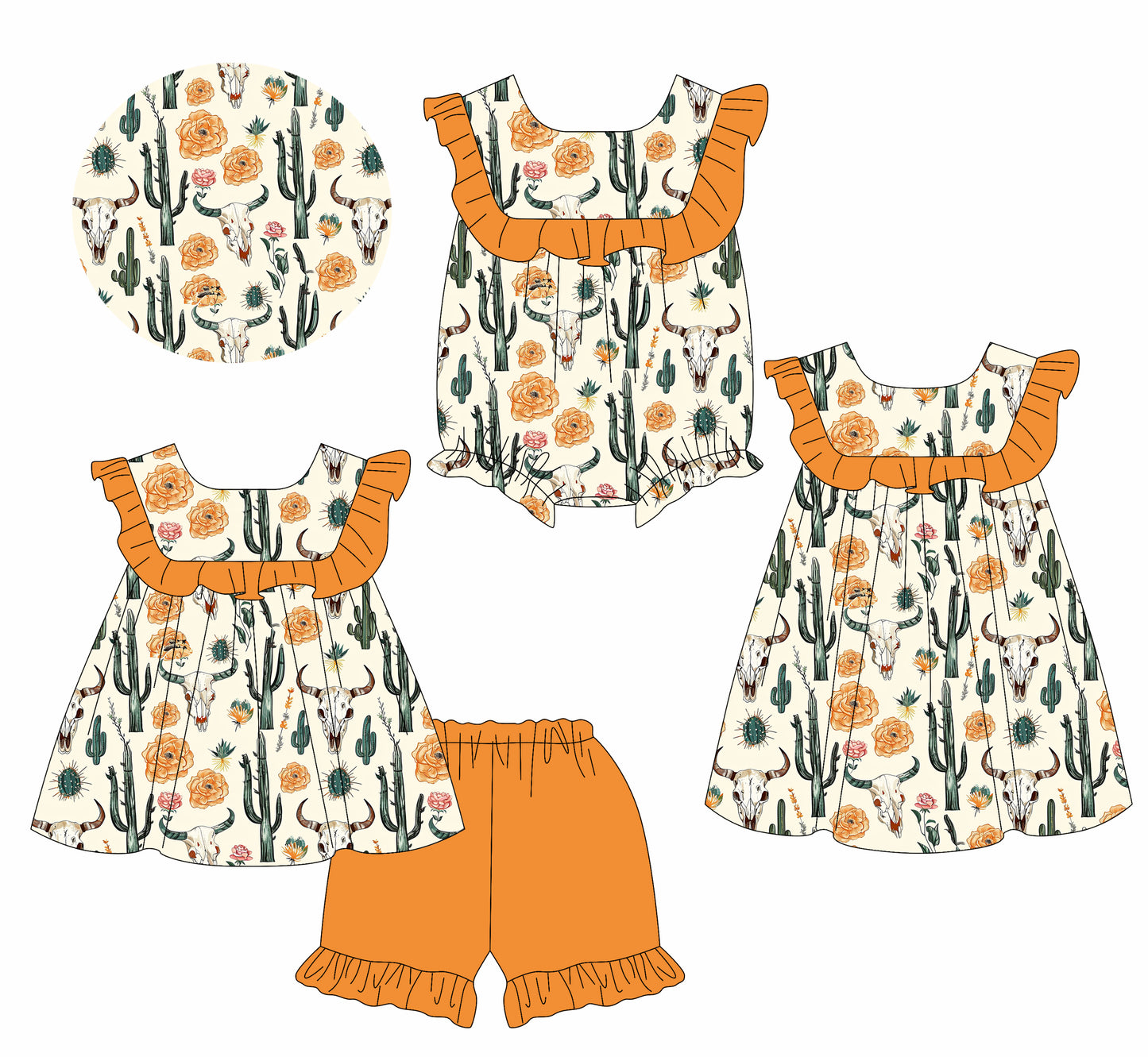 Preorder moq 5 Custom Baby Girls Orange Sleeveless Bull Skull Cactus Tunic Ruffle Short Set Knee Length Dress Rompers