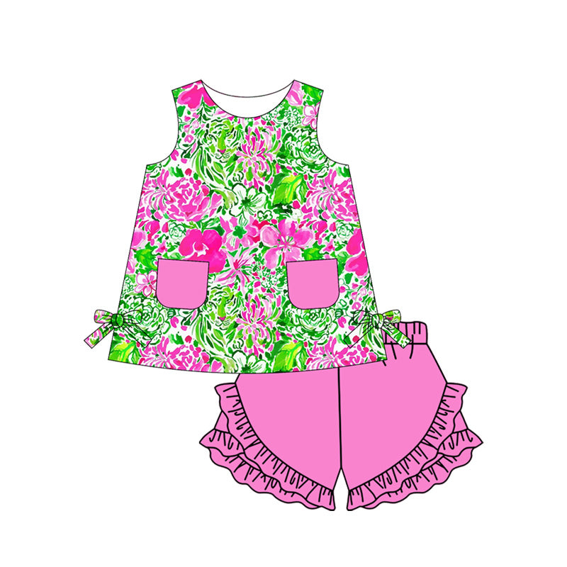 Preorder (moq 5)Baby Girls Green Flowers Tunic Top Ruffle Shorts Clothes Sets