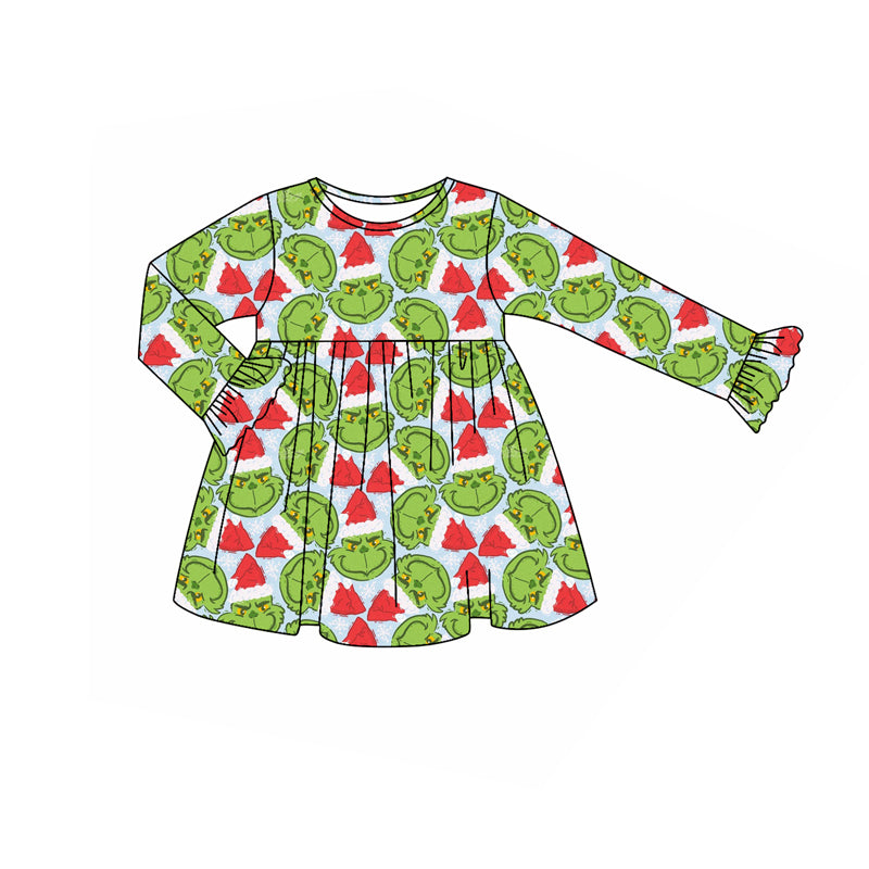 Preorder(moq 5) Baby Girls Green Face Plaid Christmas Knee Length Dresses