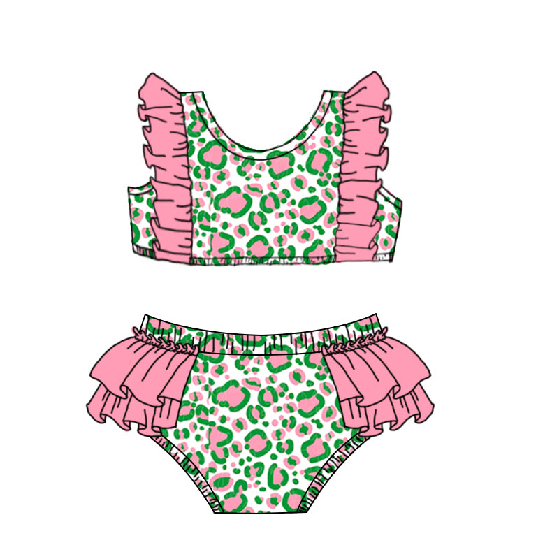 Baby Girls Green Pink Top Ruffle Bummie 2pcs Swimsuits preorder(moq 5)