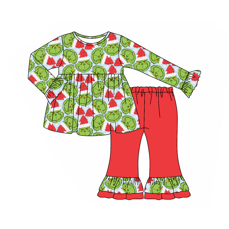 Preorder(moq 5) Baby Girls Green Face Plaid Tunic Ruffle Pants Christmas Set